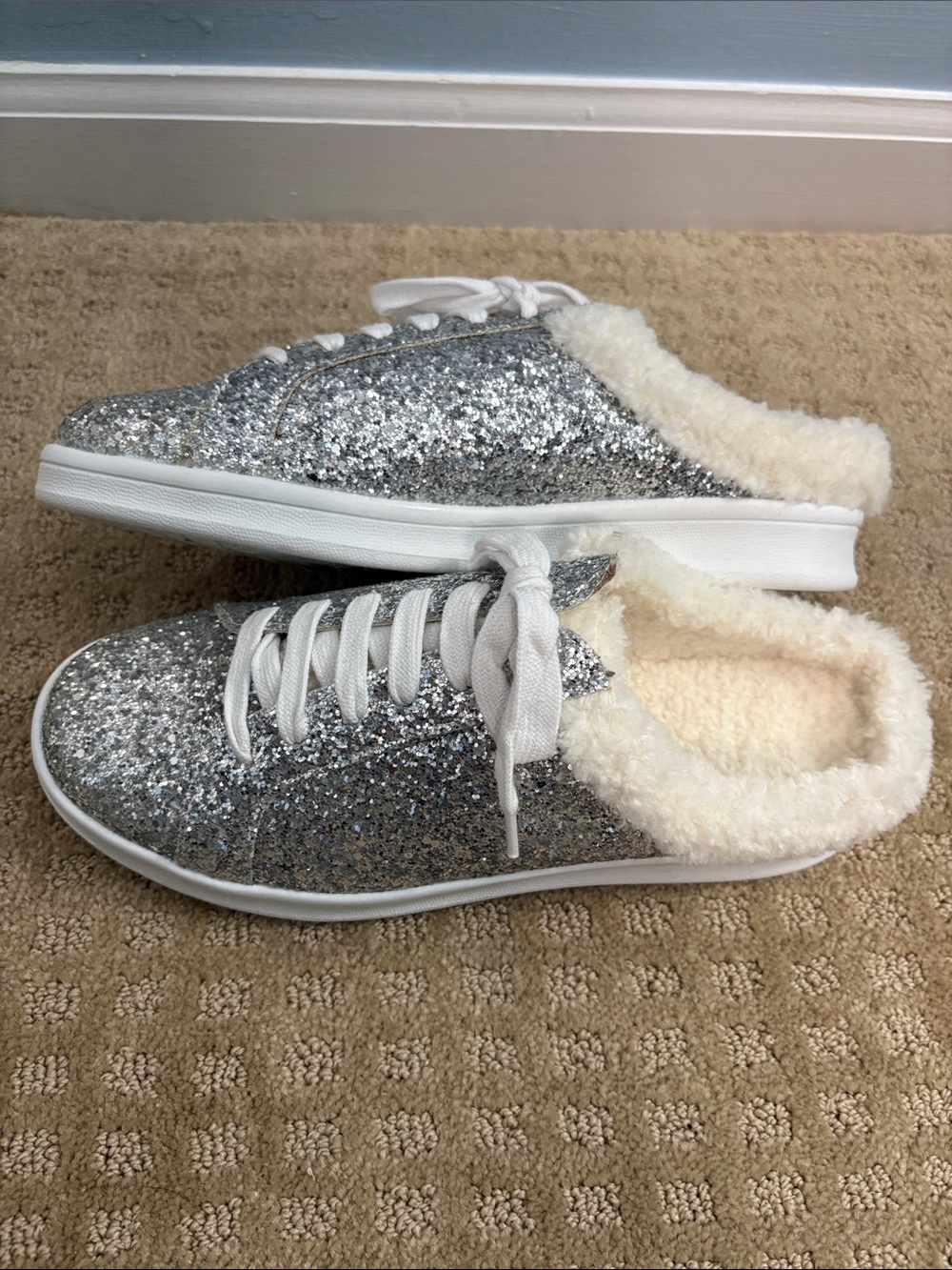 Rampage Silver Glitter Faux-Fur Lined Mules